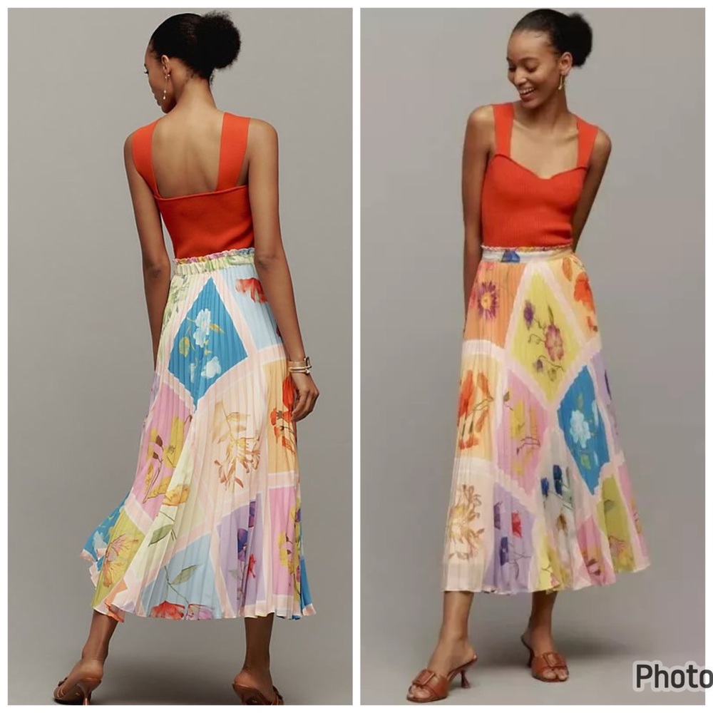 Anthropologie The Isobel Silky Pleated Maxi Skirt Floral Colorblock Rainbow